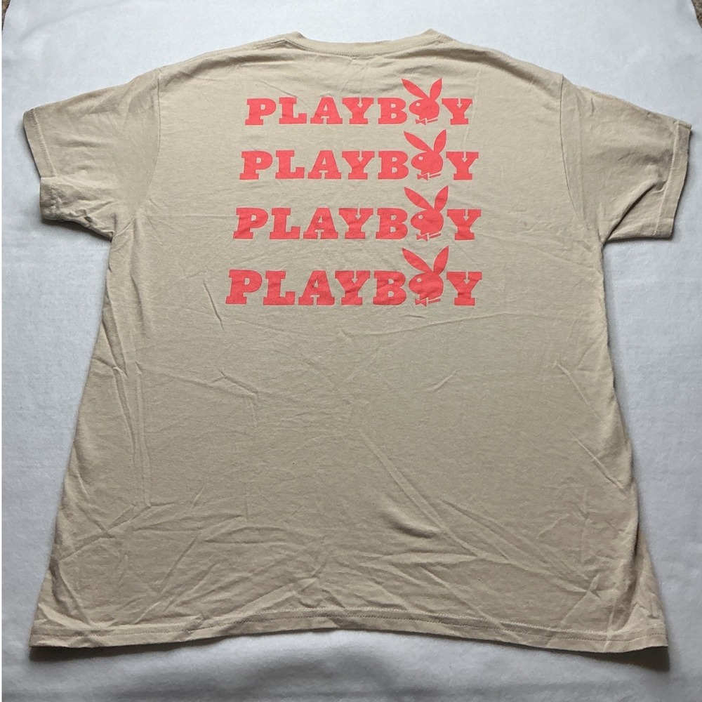 Playboy Mens T-Shirt Tan Pink‎ Graphic Logo Short Sleeve Cotton Large